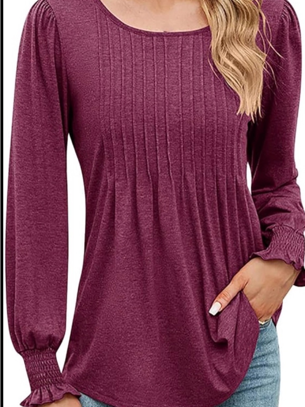 Women’s Pleated Long Sleeve Top - burgundy